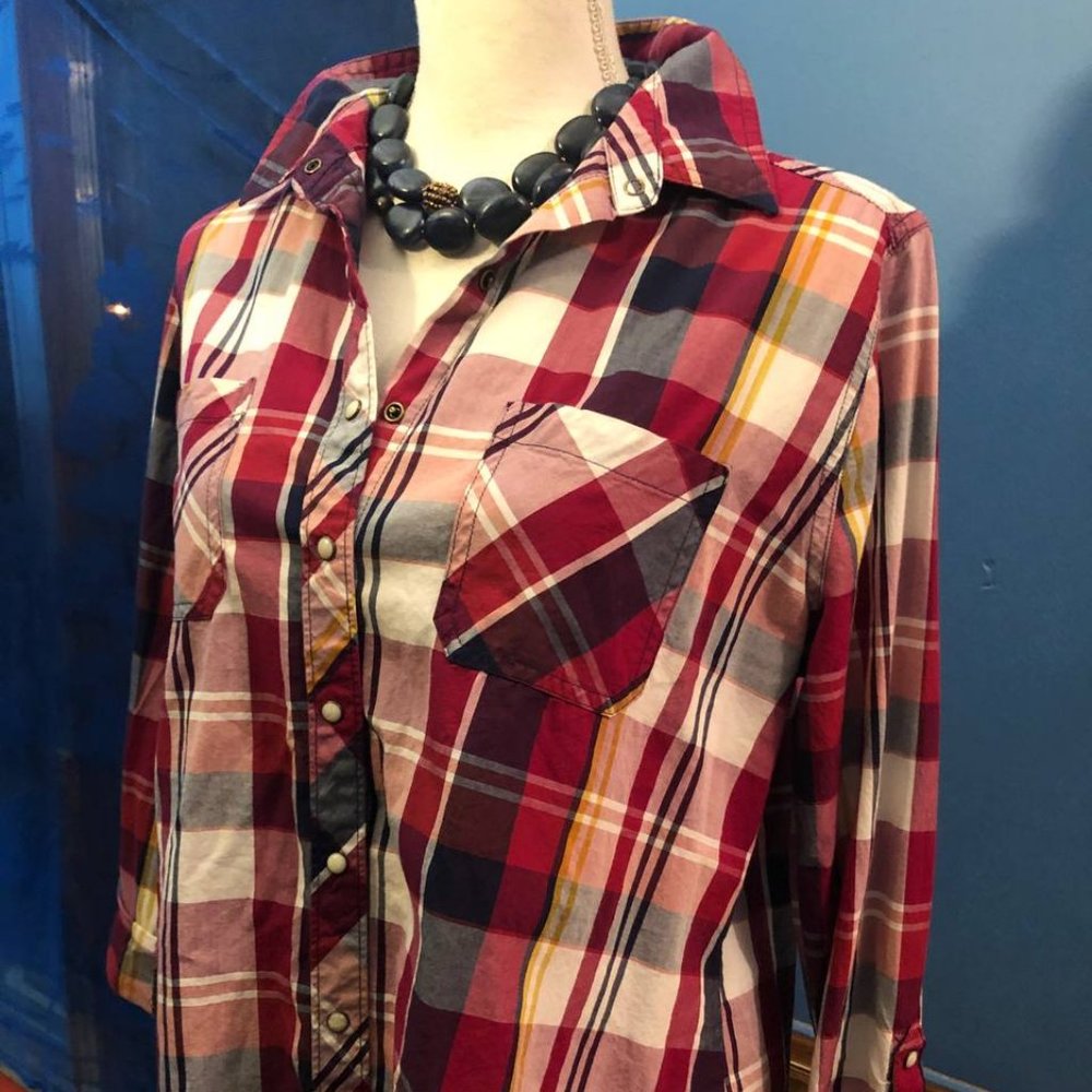 Southwestern Style Tunic Top ~ Red White Navy Blue Plaid Shirt ~ Button Front